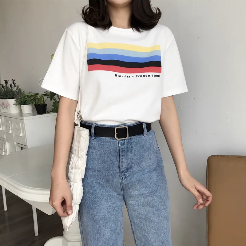 Для женщин 2018 футболки топы японский Kawaii дамы Ulzzang радуги полосы футболка с