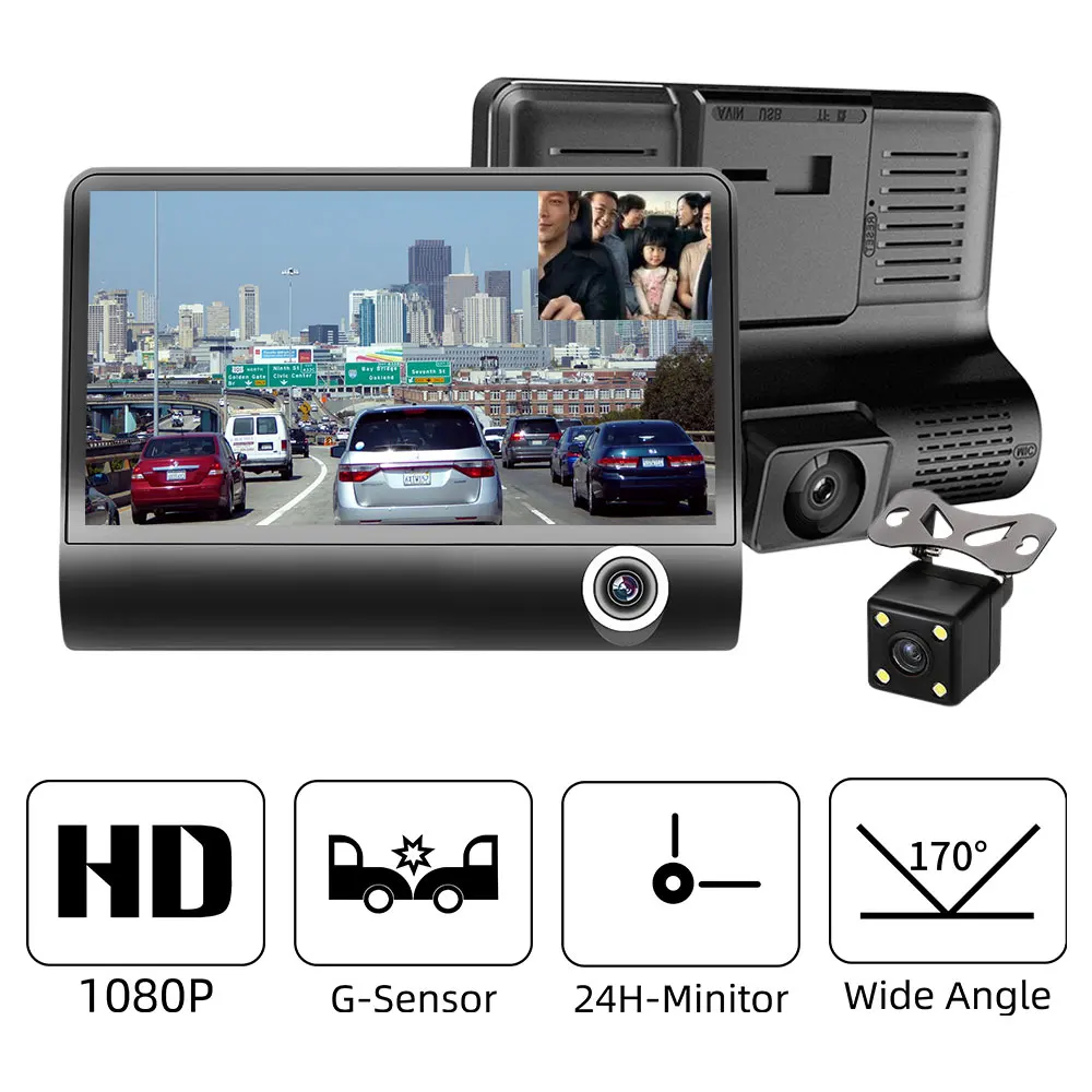 ANSTAR 3-CH Камера Видеорегистраторы для автомобилей 4 0 &quotFHD 1080P Dash Cam Двойной объектив