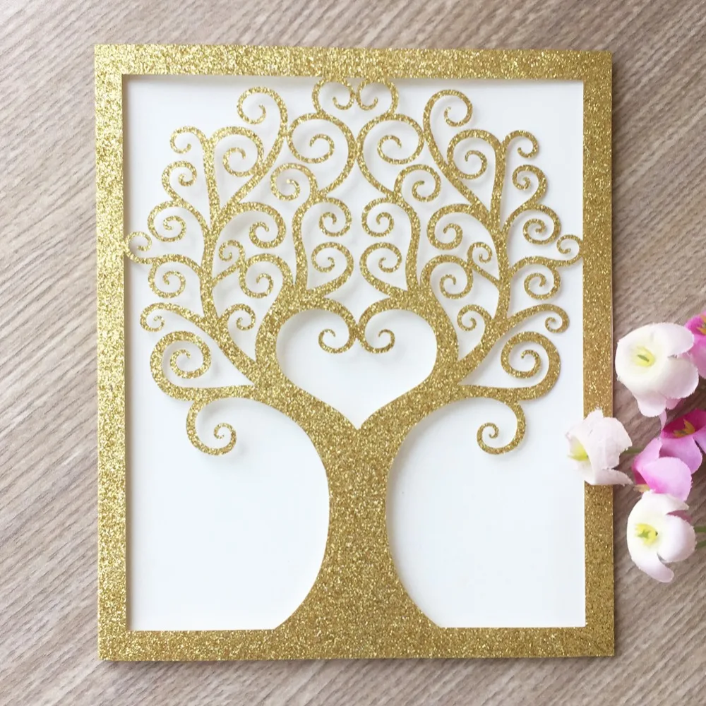 

40pcs Laser Cut glitter Paper Rose gold Silver Chic Tree Birthday Wedding decoration invitaitons cards Blessing greeting card