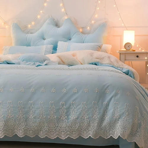 3 Blue Pink Purple Soft Berber Fleece Princess Girl White Lace Bedding Set Fleece Fabric Duvet Cover Bed sheet/Linen Pillowcases - Цвет: 3