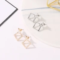simple style geometric hollow rhombus triangle v shaped silver plated golden stud earrings for women