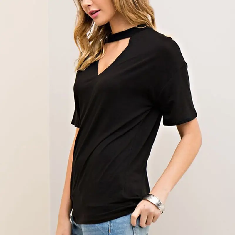 Женская свободная футболка с V образным вырезом однотонная хлопковая