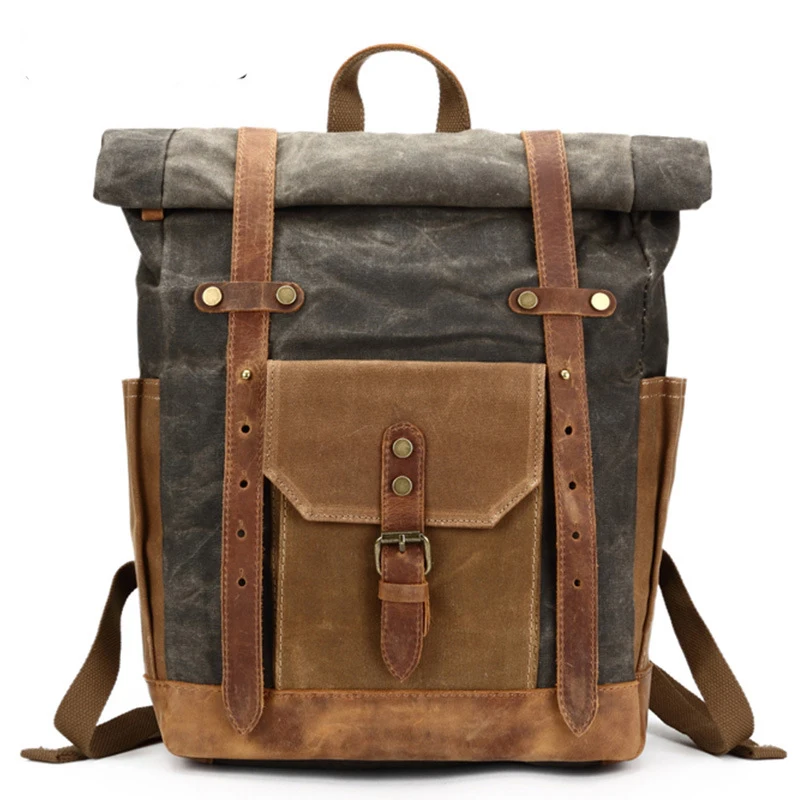 Camera Bag Retro Genuine Leather Canvas Bag Portable Waterproof Backpack Shoulder Wax Travel Men's Backpack