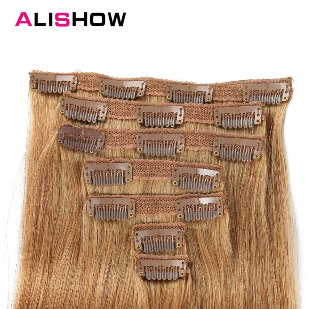 Alishow двойные вытянутые волосы на клипсах Remy, Пряди человеческих волос для наращивания, Прямые 7 шт./компл. 100g-120g природы волосы на заколках для наращивания, волосы для наращивания на всю голову
