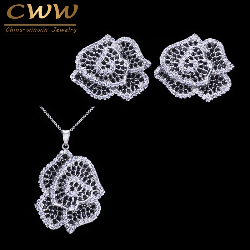 Женские серьги с микро закрепкой CWWZircons серебристого цвета черно белым