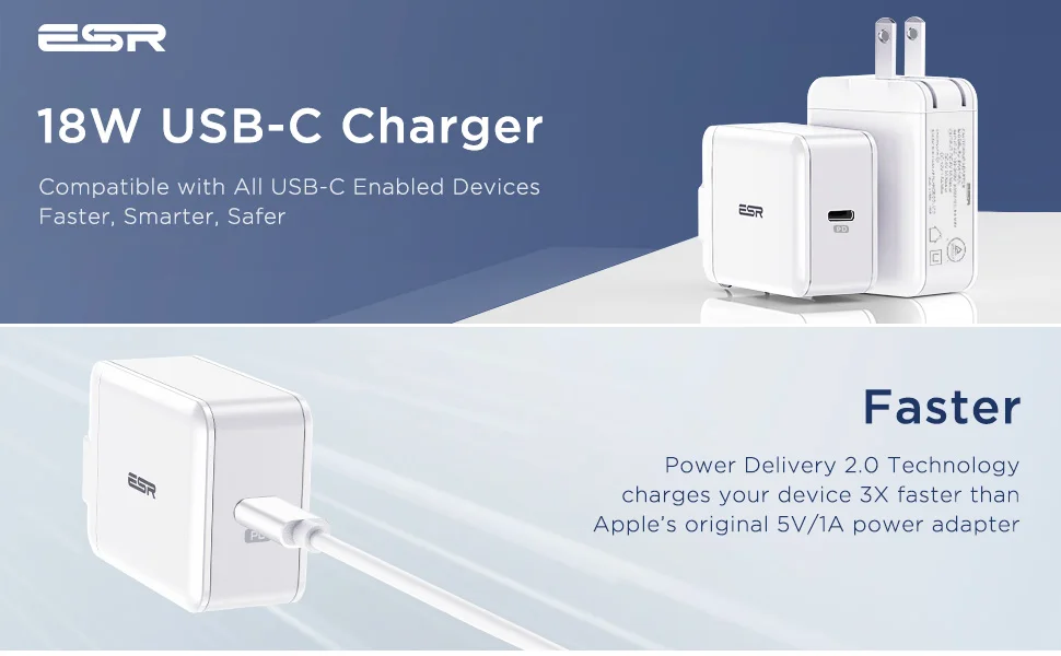 ESR USB C зарядное устройство 18 Вт, зарядное устройство со складной вилкой типа C PD зарядное устройство для iPhone XS/XR/XS Max iPad Pro samsung