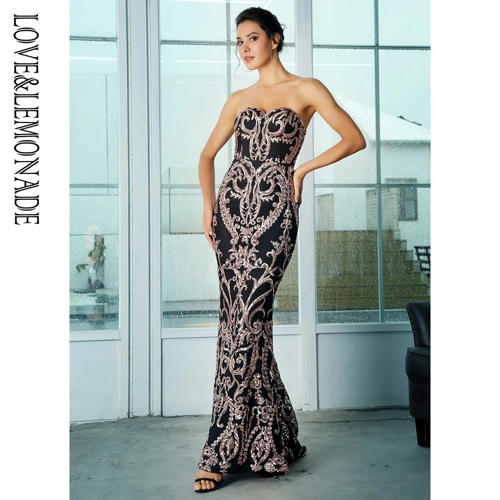 Женское длинное платье LOVE & LEMONADE розовое золото в форме рыбий хвост с блестками на