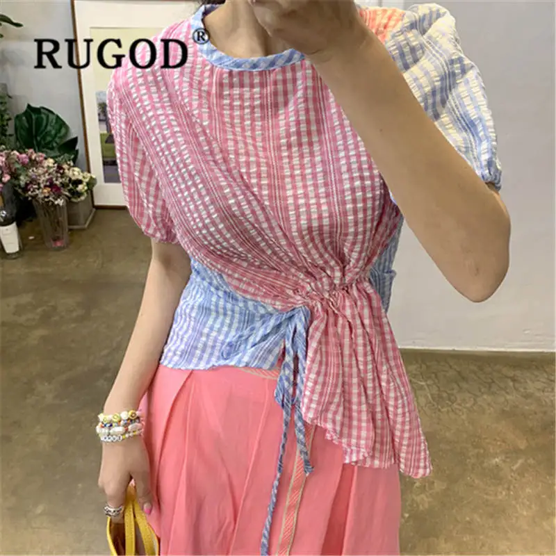 Женская ассиметричная блузка RUGOD клетчатая Повседневная Блузка с рукавами