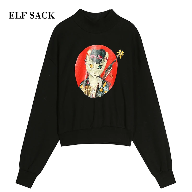 ELFSACK, новинка, Модные свитшоты для женщин, хлопок, Повседневный, вязанный, с рисунком кота, пуловеры для женщин, толстовки с круглым вырезом, толстовка, Femme Sudadera