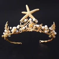 bridal tiara vintage gold starfish bridal crowns pearl wedding hair jewelry bridal headbands women perty prom headpiece