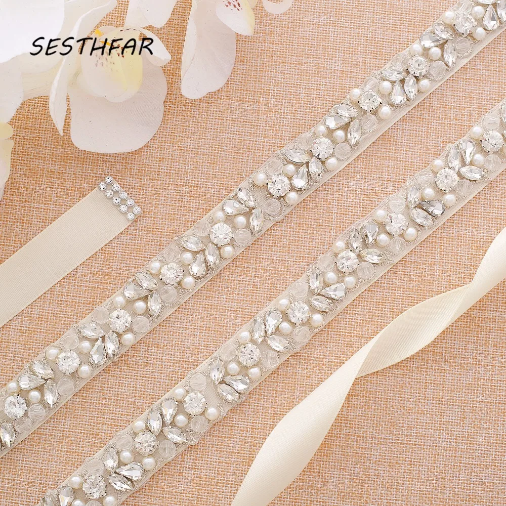 SESTHFAR Crystal Belt Rhinestone Wedding Belt Sliver Belt Diamond Flower Belts Bridal Sash For Wedding Dresses