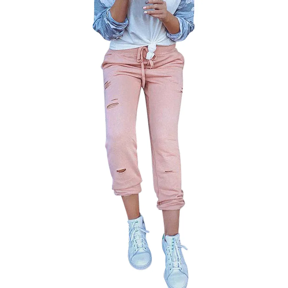 Solid Stretch Ripped Jeans Skinny Pant Women Sexy Fit Holes Knee Pencil High Waist Female Casual Trouser Bottom#3 | Женская одежда