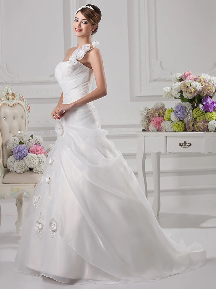 Elegant White Ball Gown Organza Vestido De Novia 2016 One Shoulder Floor Length Flower pleated ruffled Wedding Gowns WD8335 | Свадьбы и