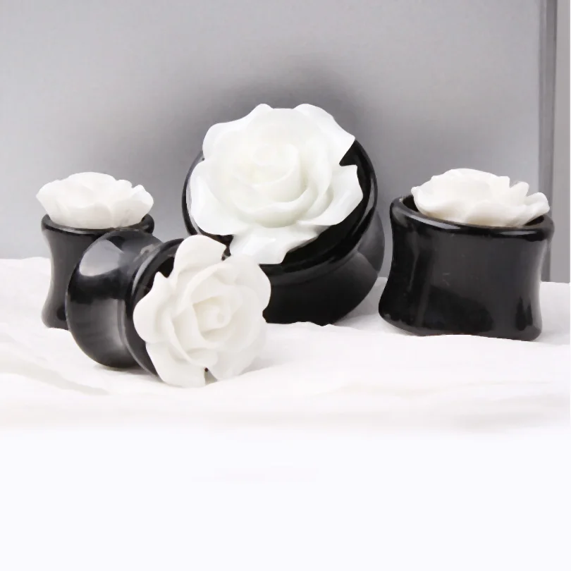 2 шт. большой размер белая роза цветок заглушка для ушей черная акриловая мякоть