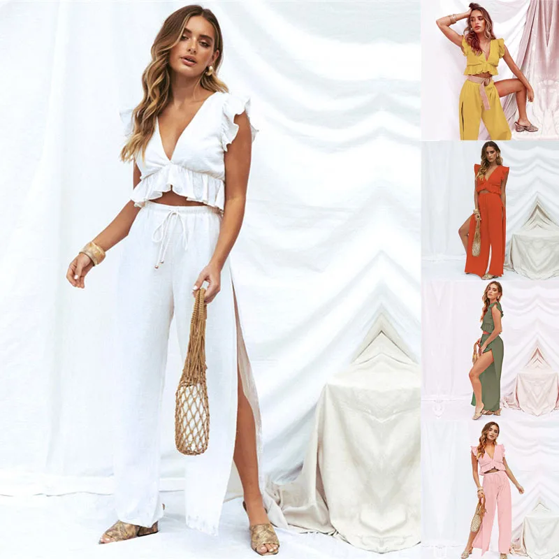 Женский летний комплект из 2 предметов укороченный топ без рукавов с глубоким v