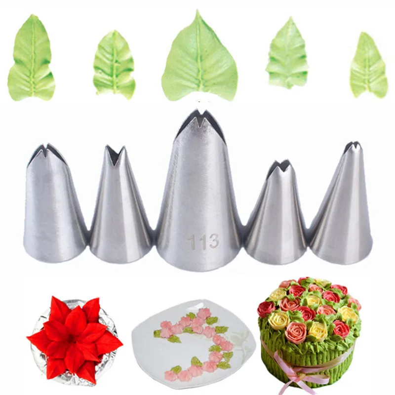 

5 Pcs Set Leaf Tip Stainless Steel Icing Piping Nozzles Tips Pastry Tips For Cake Decorating Pastry Bake Tools