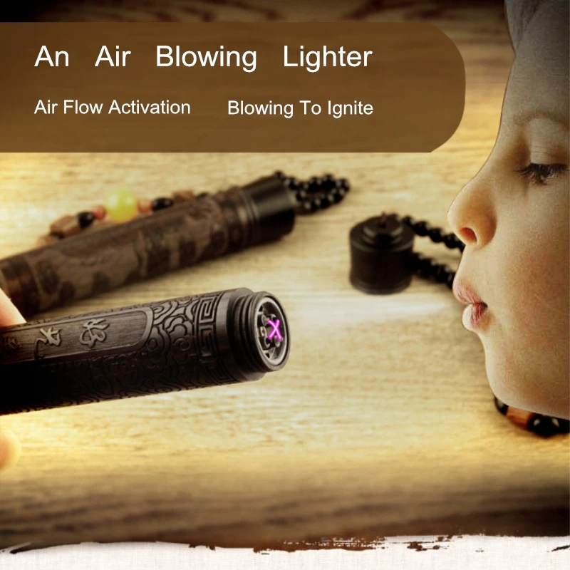 Винтажная деревянная зажигалка с выдувкой воздухом и гравировкой фиолетовая