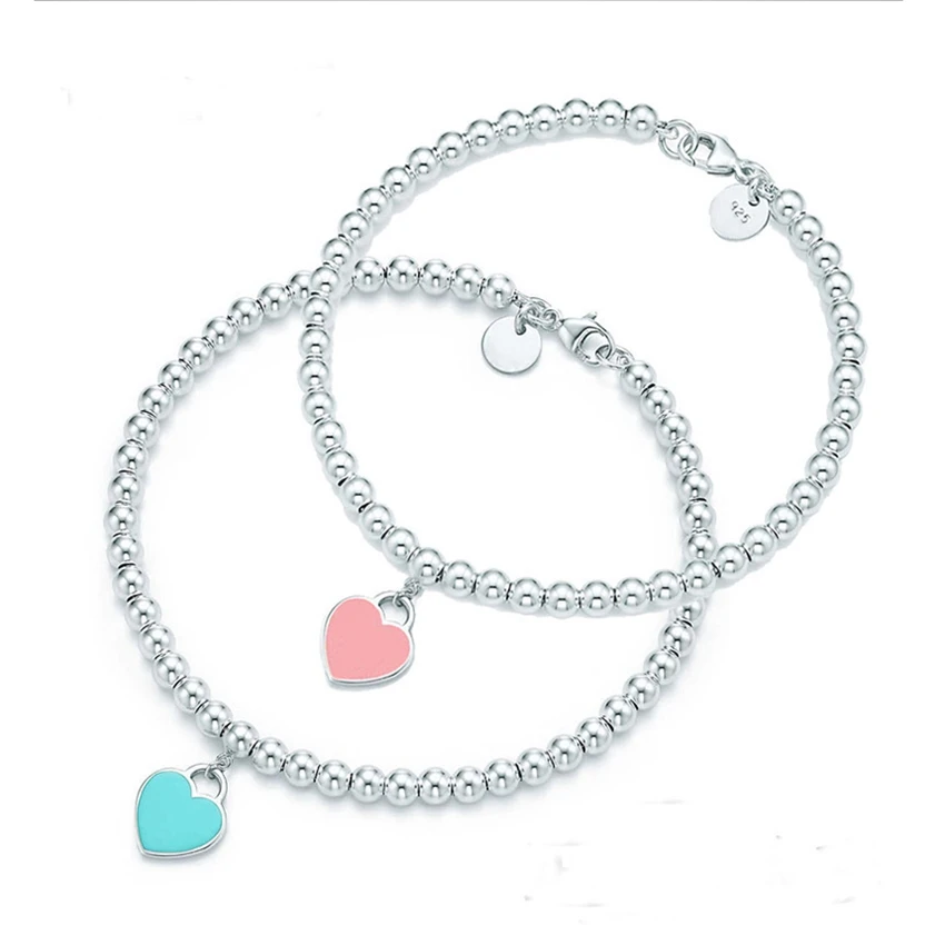 Женский браслет с подвеской в виде сердца серебряные браслеты круглыми бусинами