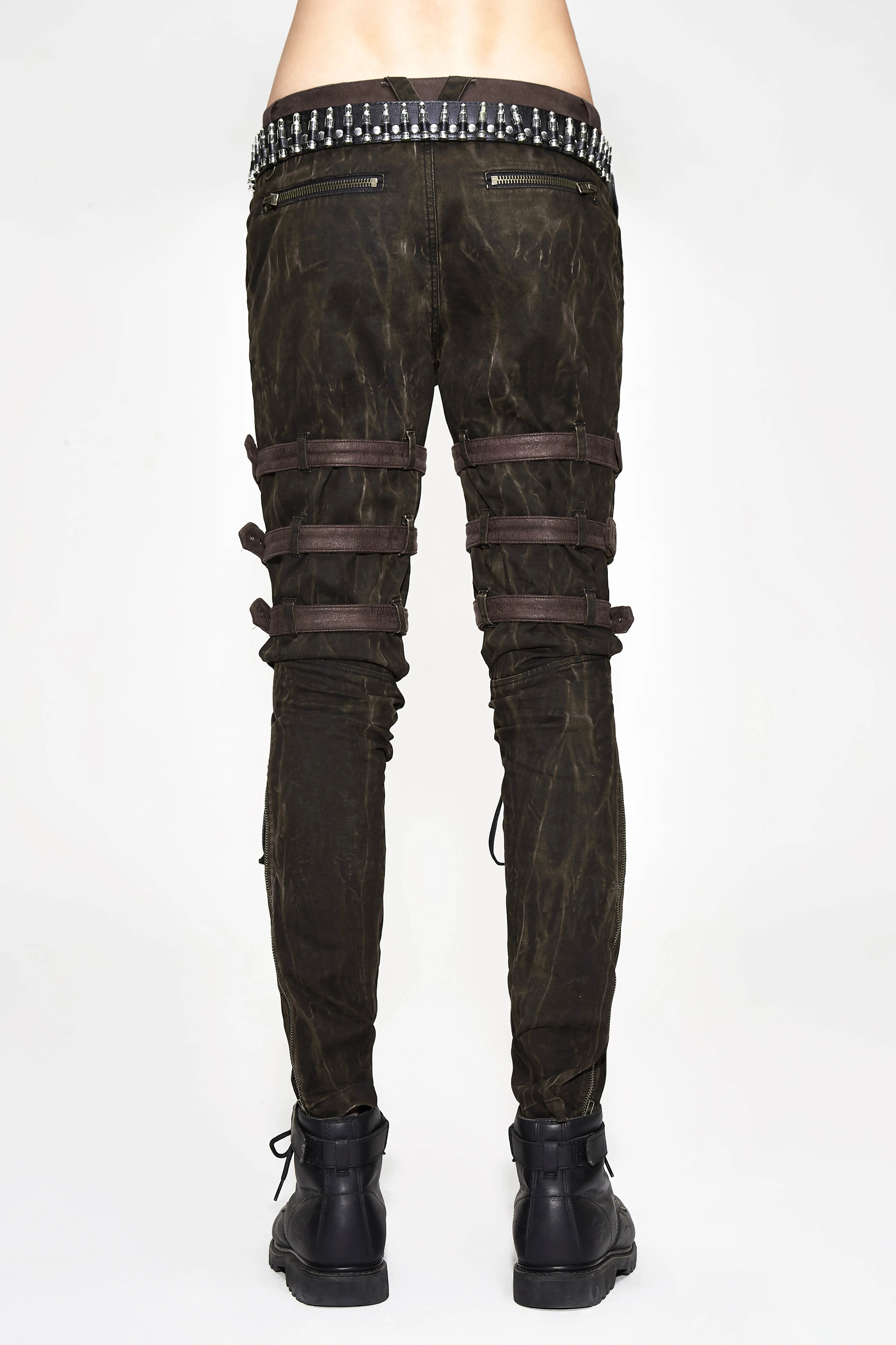 Steampunk Men Long Jean Gothic High Waist Black Brown Tights Slim Trousers Straps in the Leg Lace Up Pencil Pants New