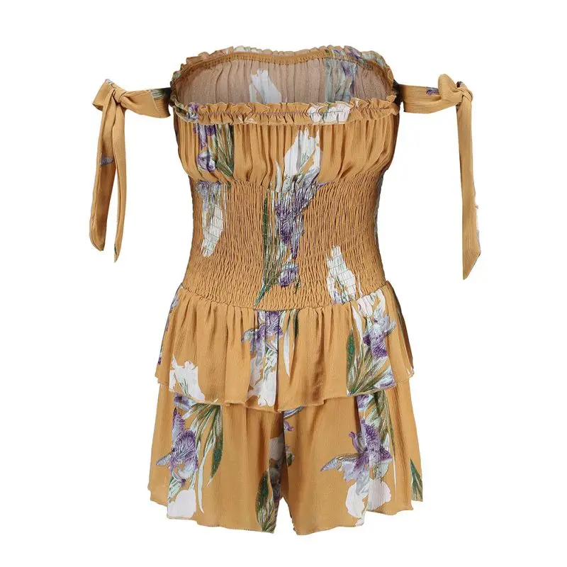 

Floral Print Boho Beach Playsuit Women Off Shoulder Chiffon Short Jumpsuit Fashion Rompers Summer Bow Sleeve Jumpsuits