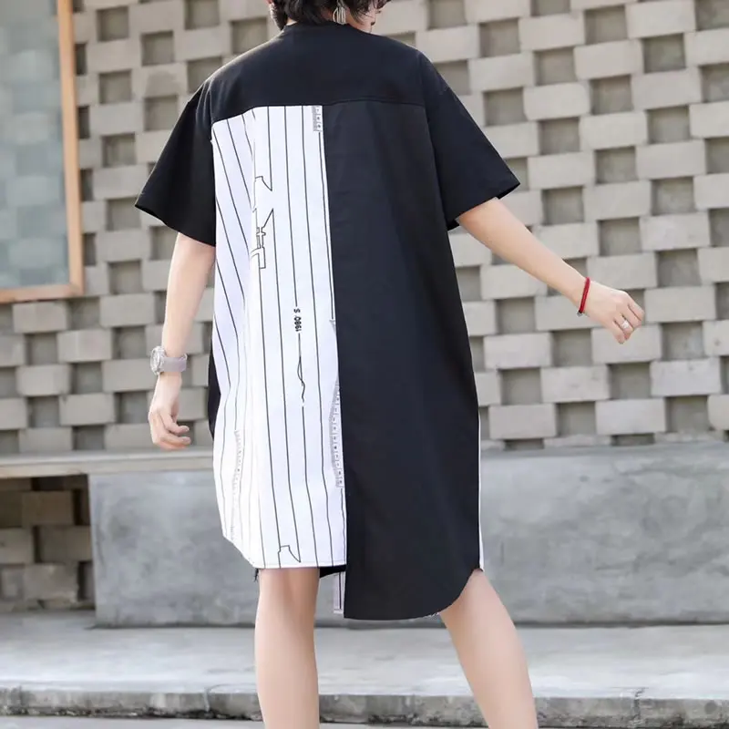 [XITAO] 2019 New Europe Casual Loose Short Sleeve Button Pocket Striped O-neck Fashion Asymmetry Knee-length Dress WBB3261 | Женская
