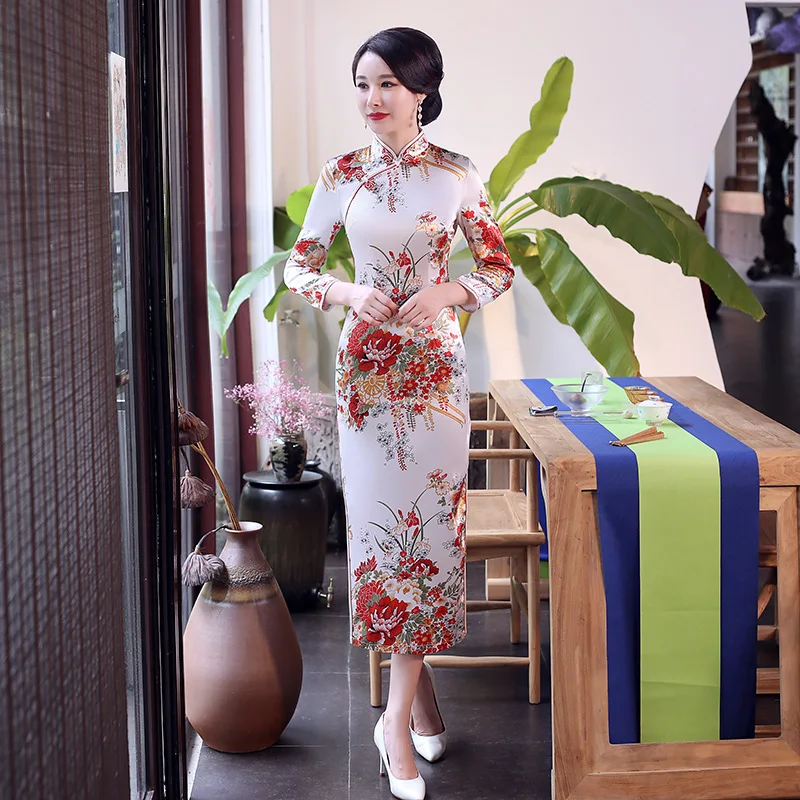 Китайский традиционный Cheongsam Для женщин шелковые Сатиновые платья Макси платье