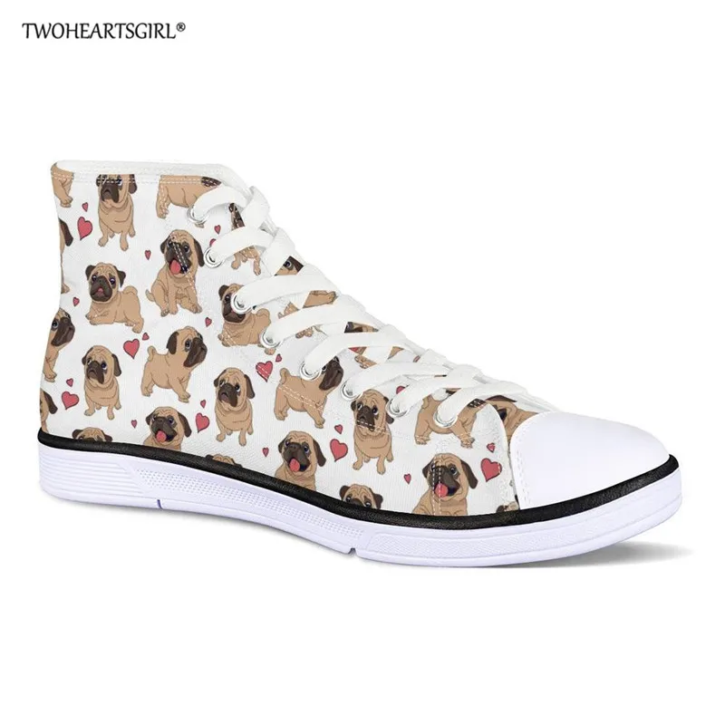 Twoheartsgirl Hippies Pug Women Lace up Canvas Shoes High-top Comfortable Vulcanized Students High Quality Sneakers | Обувь