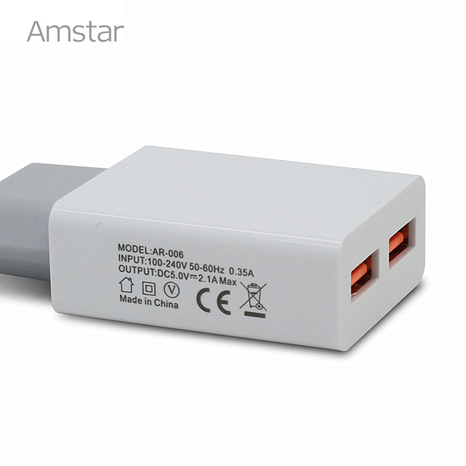 Зарядное устройство Amstar Slim с двумя USB разъемами для телефонов штепсельная вилка
