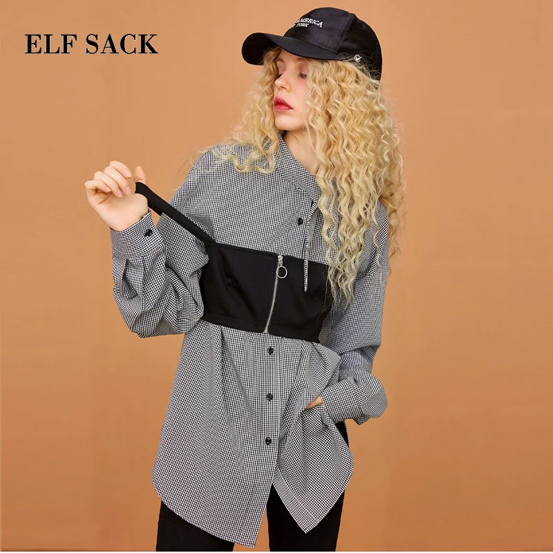 ELFSACK/Новинка женские рубашки повседневные с длинным рукавом в клетку отложным