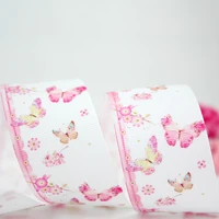 50yards white pattern pink butterfly flower printed polyester grosgrain ribbon 9mm decorative ribbons and diy handmade hair bows