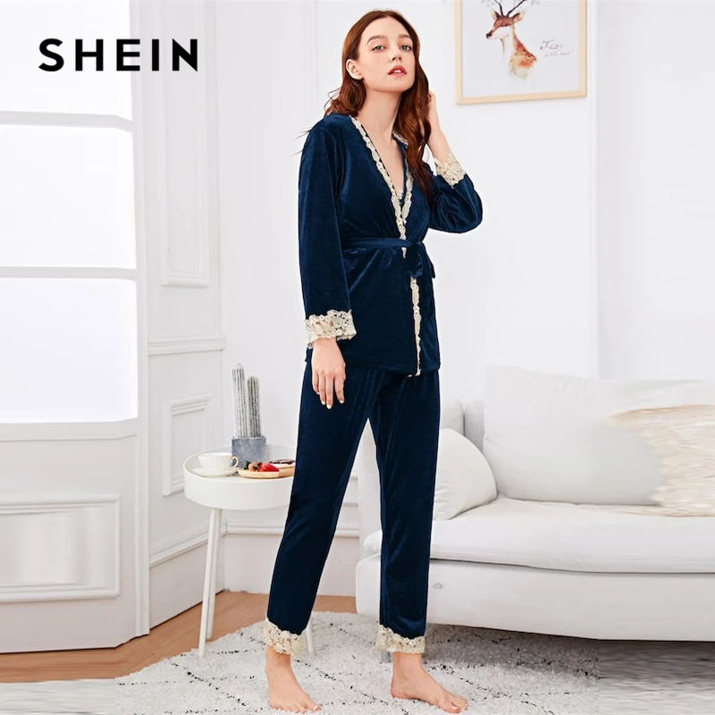 SHEIN Комплект Пижамы Из 3 Предметов Пижама С Кружевной Контрастной