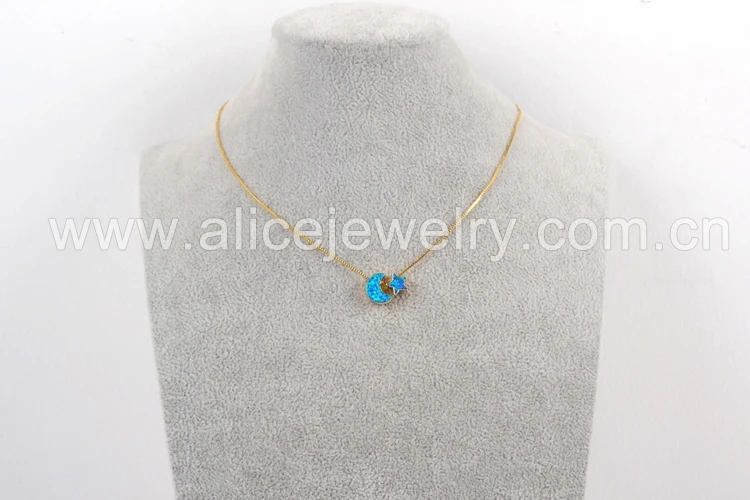 BOROSA New Arrivals! 5PCS 17inch Crescent& Star Gold Color Gems Man-made Opal Pendant Beads Necklace women Jewelry G1573