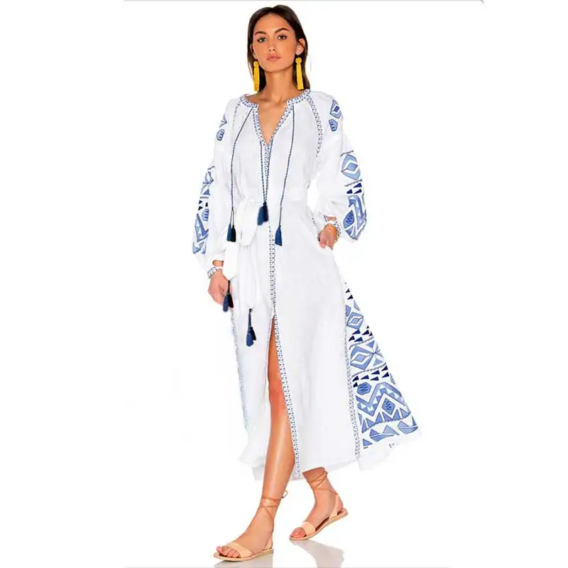 Женское льняное платье макси с вышивкой и помпоном|womens clothing|dress linenmaxi dress |