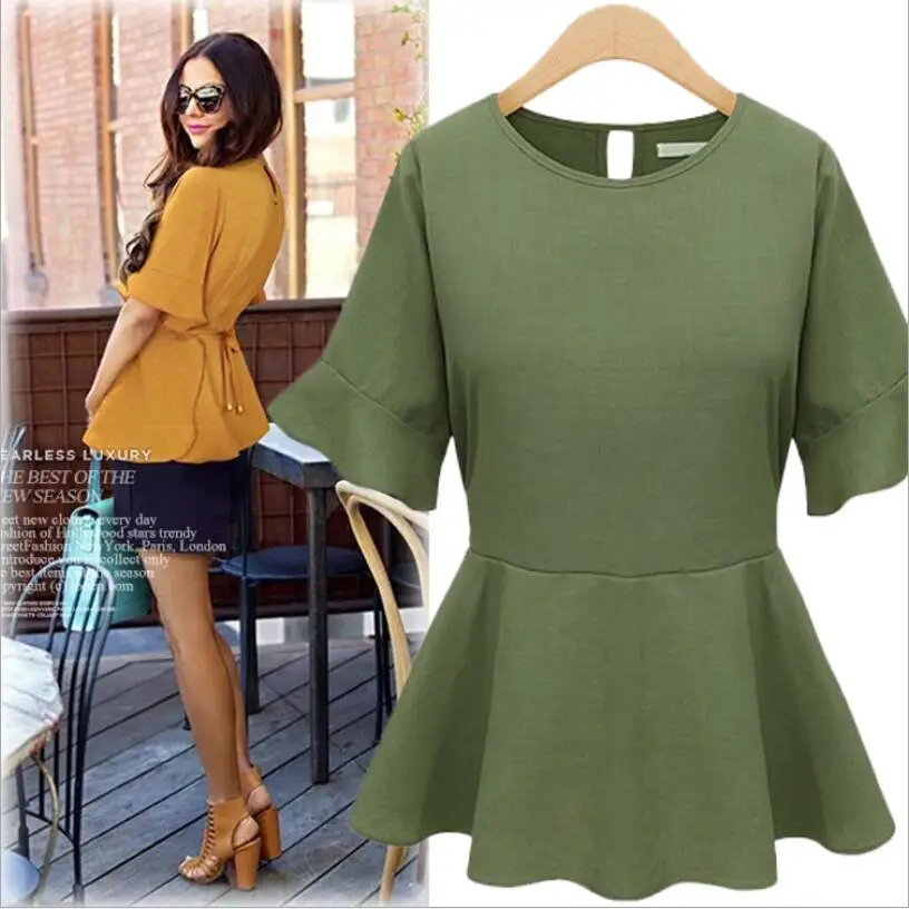 Женская шифоновая блузка с оборками приталенная круглым вырезом в Корейском