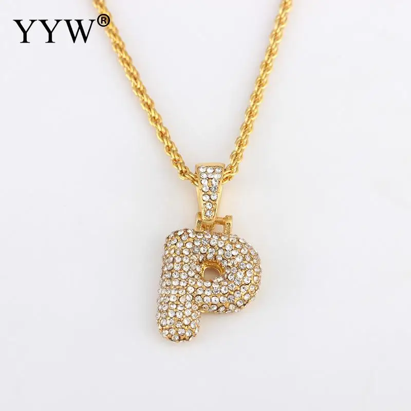p Cubic Zirconia Hip Hop Chain Neckalce A-Z Custom Name Bubble Initial Letter Necklaces& Pendant Charm For Women Men Jewelry - Окраска металла: p