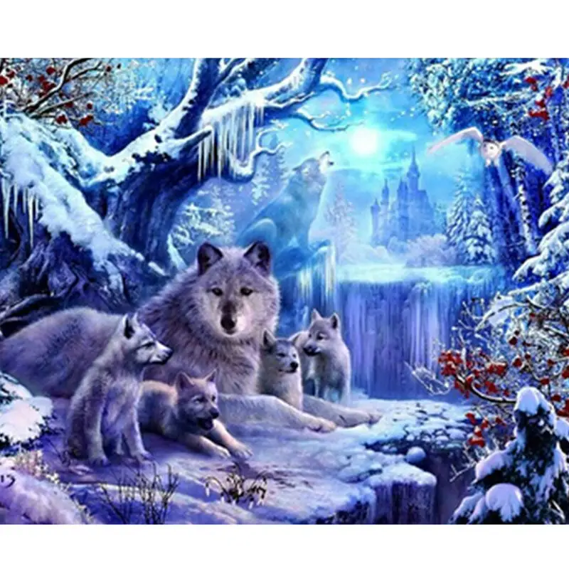 Фото Полная Алмазная вышивка волка Снежная картина с изображением крестиком волком
