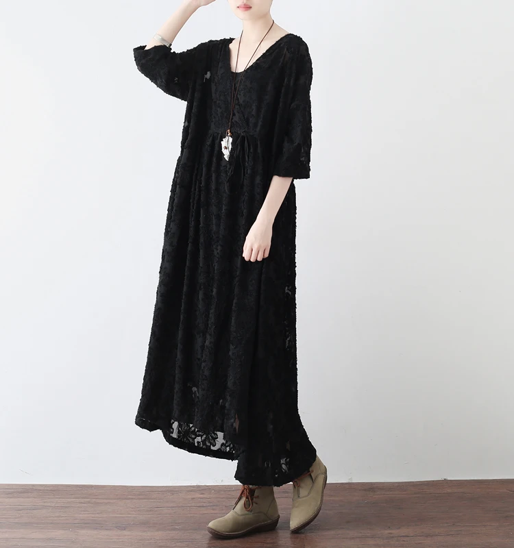 2017 осенние черные женские шелковые шифоновые свободные платья ретро большие