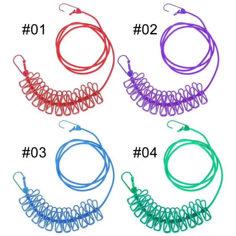 1.7m Outdoor Portable Clothes Line Camping Travel Stretchy Clothesline 12 Clips Travel Rope Washing Line Drying Clothes Hanger