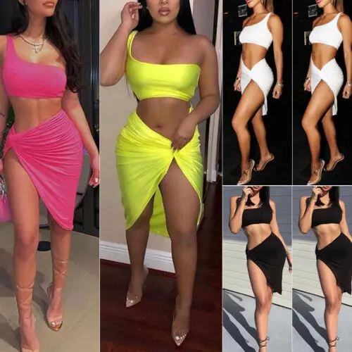 

Women Sexy Summer Beach Women Evening Party Dress Short Skirt Crop Top Two Piece Set