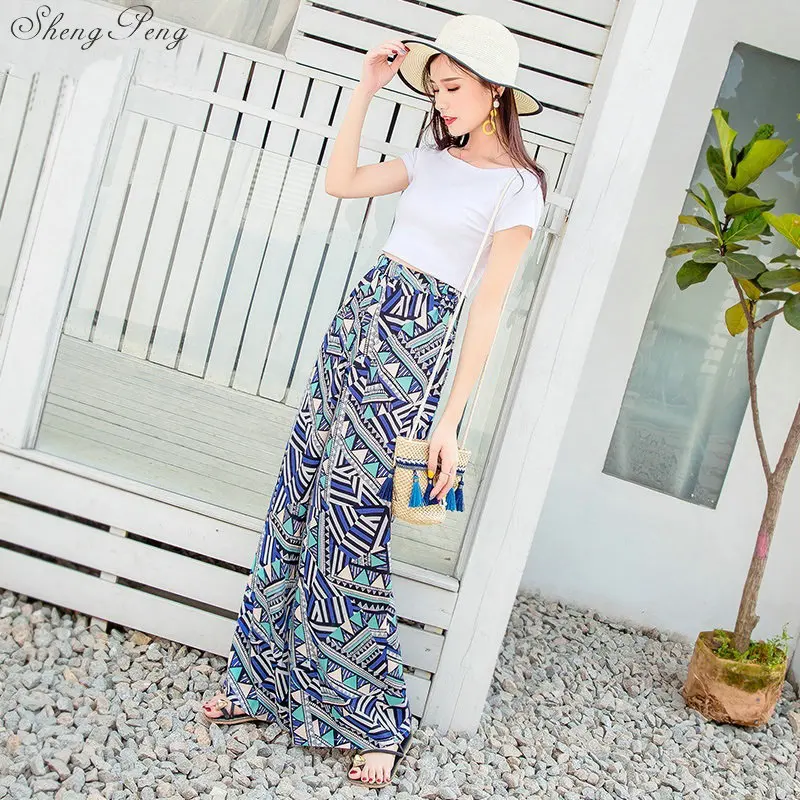 2018 новые брюки Бохо в винтажном стиле с цветочным принтом разрезом сбоку штаны