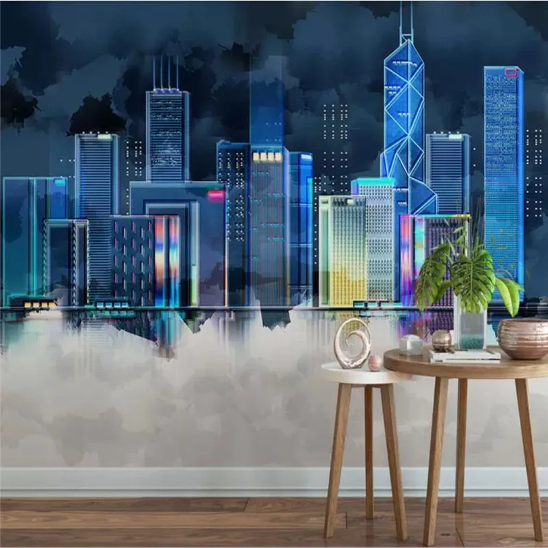 

Custom wallpaper Nordic city architecture blue modern minimalist TV background wall decoration - high quality silk fabric