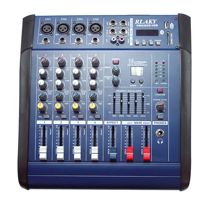 Лидер продаж/для дома Применение усилитель аудио DJ микшер 4-полосная Мощность Смеситель для мойки 3 EQ и 16-режим с реверберации Bluetooth и отправка гарнитура для телефона