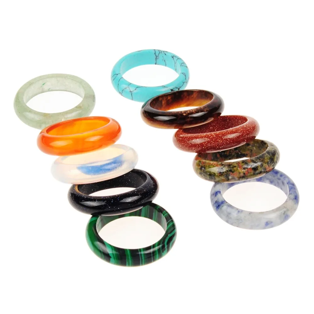 

Wholesale 12pcs/lot Hand Carved Mixed Random Color Natural Stone Mystic Blue Sandstone Onyx Finger Rings for Party Free Shipping