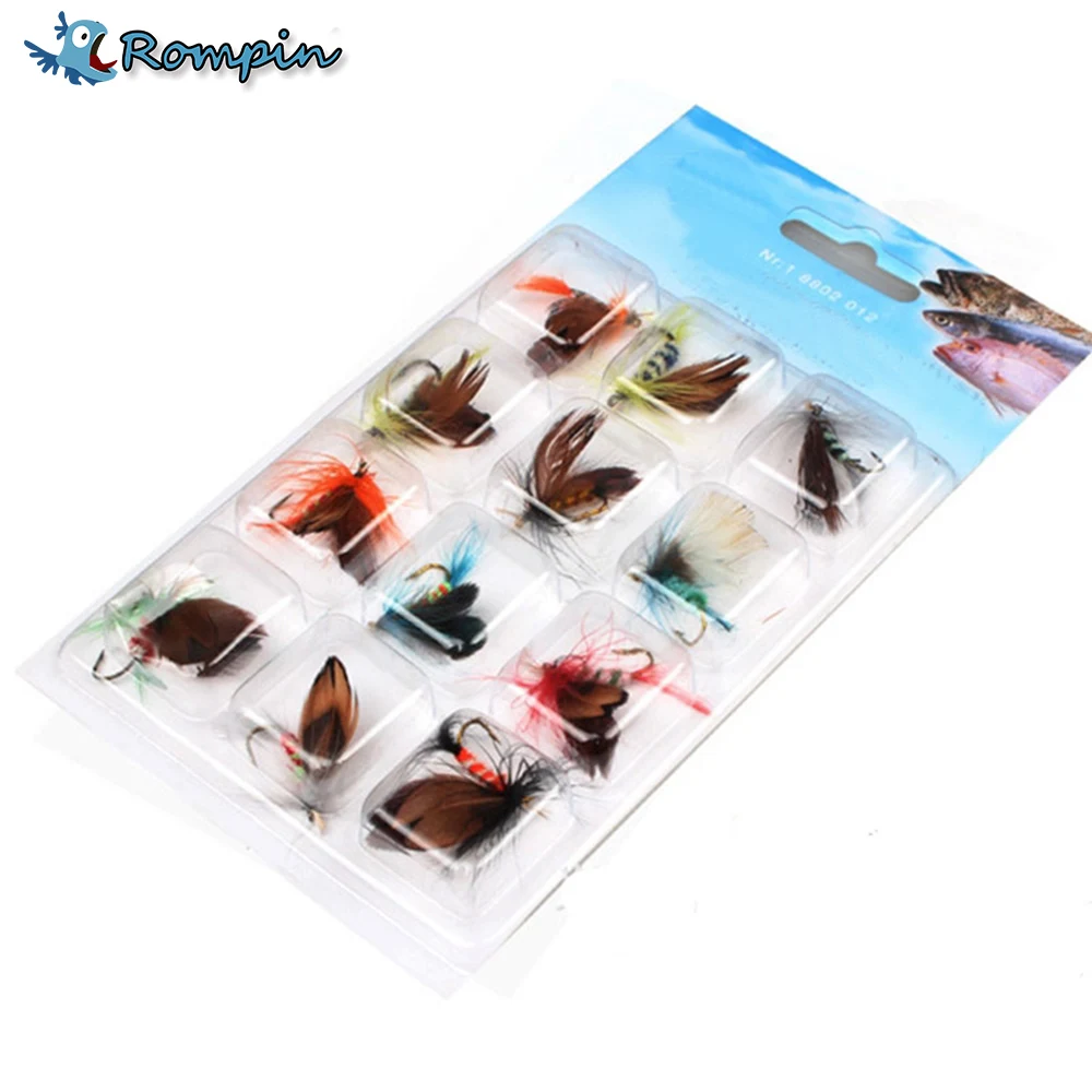 

Rompin 12 шт./компл. приманка для рыбной ловли нахлыстом, сухие мухи, крючки, перьевое крыло, искусственная приманка для ловли карпа, форели, зимн...
