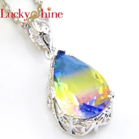 luckyshine fashion gradient bi colored tourmaline rainbow crystal zirconia silver engagement gift women pendant necklace new