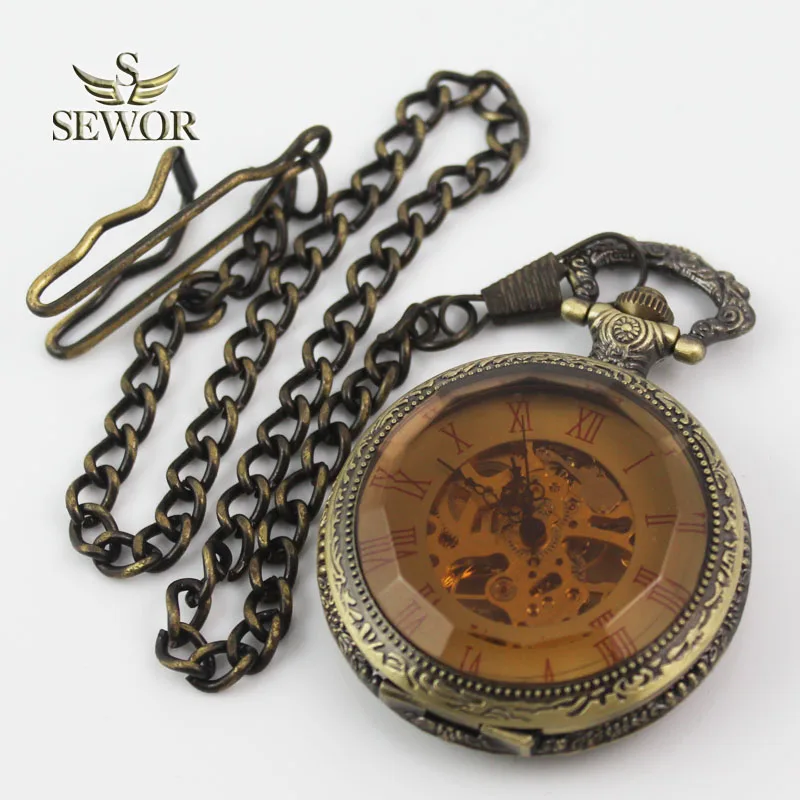 

SEWOR 2018 Top Luxury Brand Bronze special lens cover Roman digital sport mechanical pocket watch C208