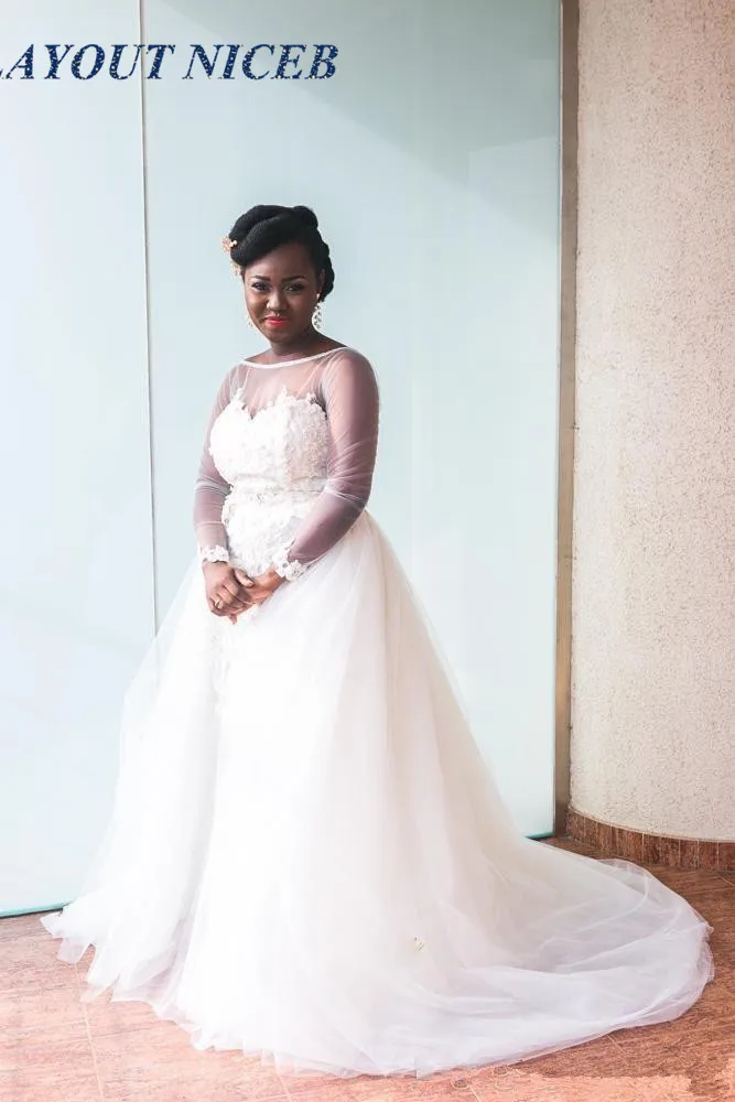 

Transparente Long Sleeves African Short Wedding Dress With Detachable Train Lace Applique Beach Boho Bridal Gowns Plus Size