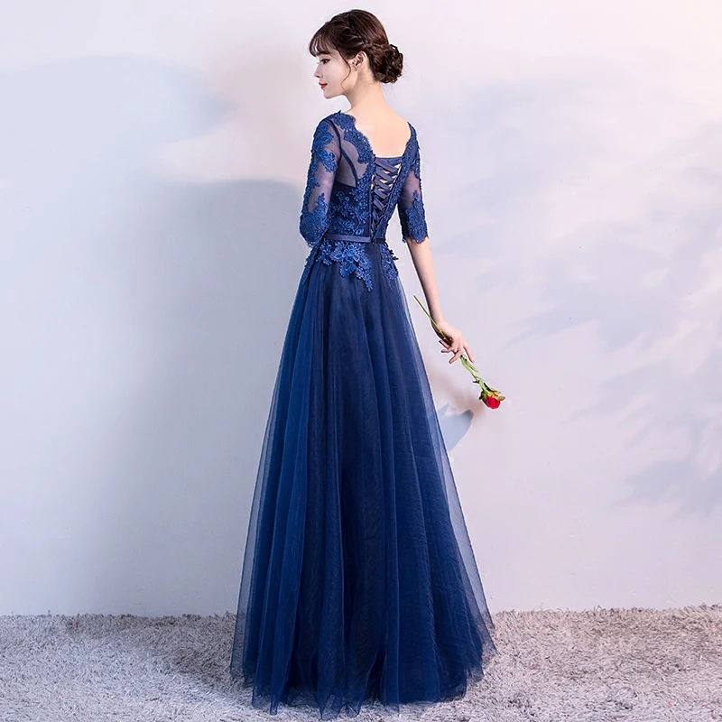 Robe de soiree темно синее длинное вечернее платье с круглым вырезом кружевной