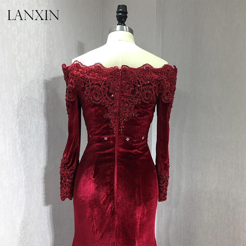Бордовые бархатные вечерние платья русалки Robe de Soiree с открытыми плечами и