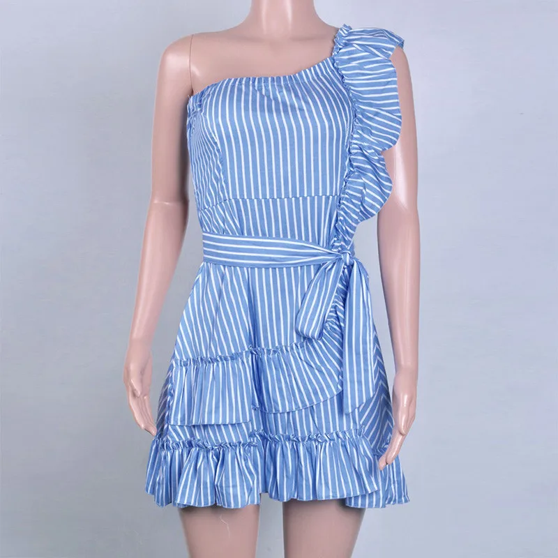 JuneLove Women Dress Vintage Off Shoulder Ruffles Striped Mini With Belt Sexy Casual A-Line Vestidos | Женская одежда